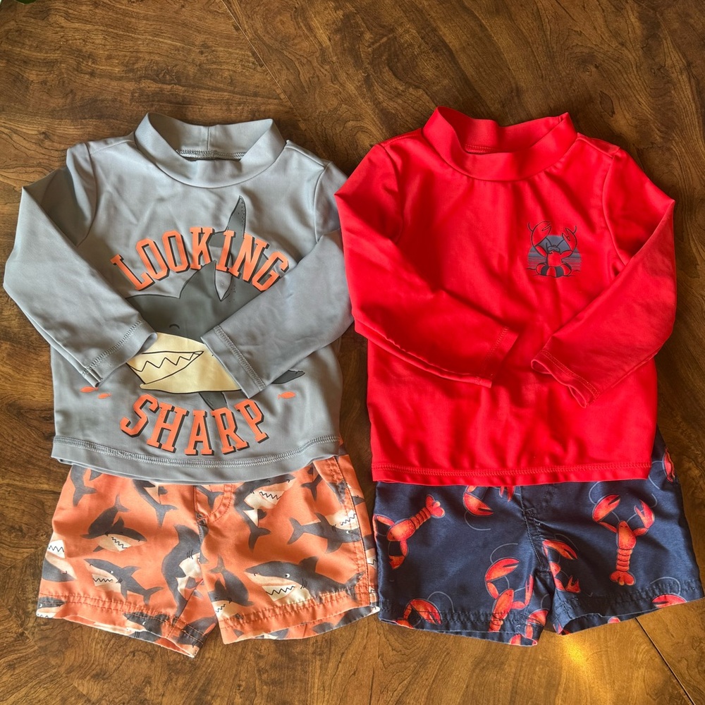 Carter's Just One You Boys Gray Shark (12m) and Red Lobster (18m) Swimwear Sets